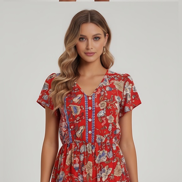 Red Boho Floral Print Petal Sleeve Dress - Picture 2 of 6